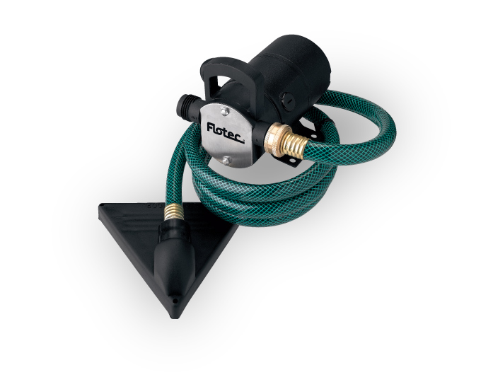 Flotec utility pump with a coiled green hose and triangular suction attachment