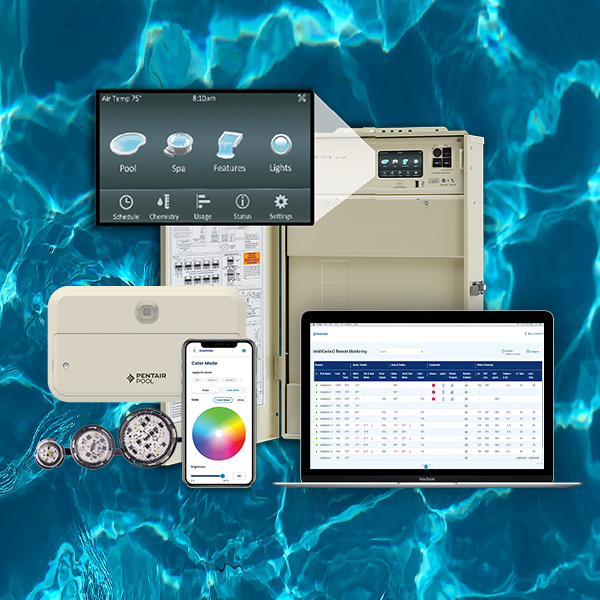 Cluster of IntelliCenter WITH touchscreen pop out and remote monitoring mockup, and pool app mockup, and Intellivibe controller with 3 lights.