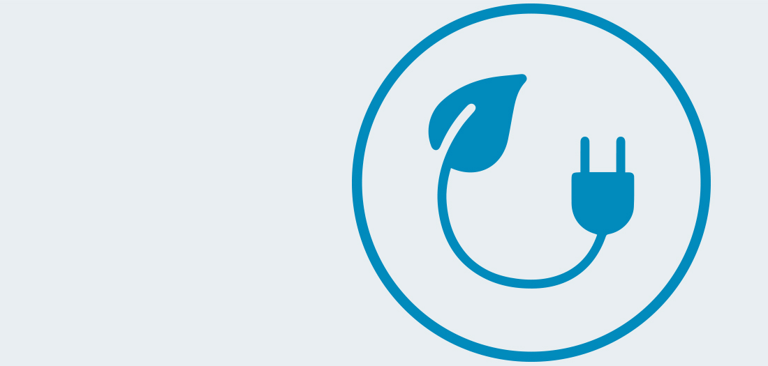 A decorative circle with a blue plug, on its opposite end is a leaf also in blue.